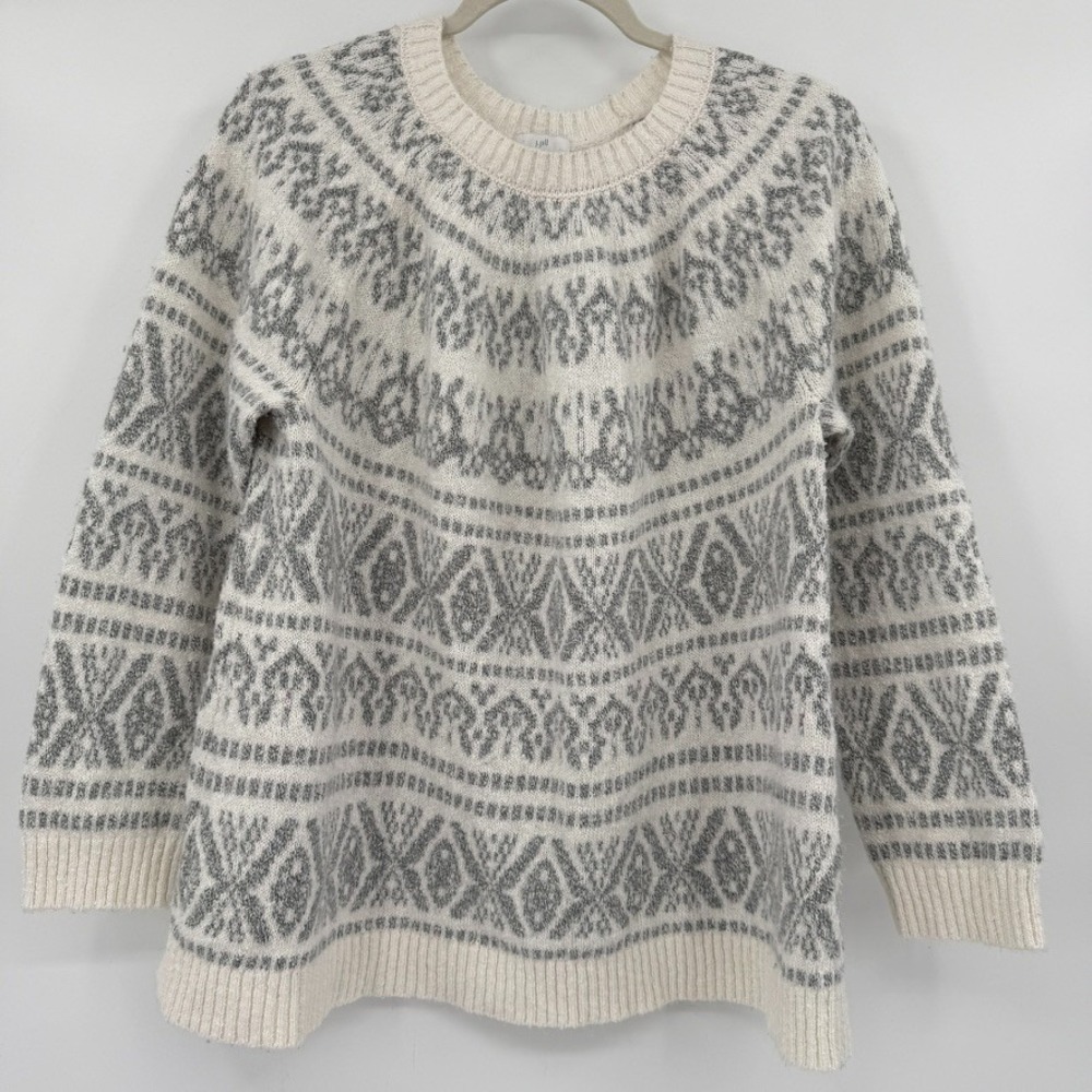 J.Jill Womens Sweater Large Ivory Gray Fair Isle‎ Crewneck Knit Pullover